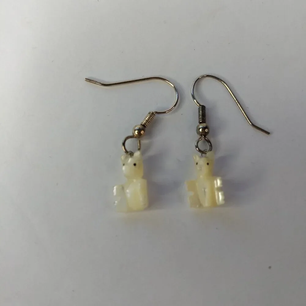 Bear Animal Carved Cream Stone Earrings Small Micro Teacher Librarian Kidcore